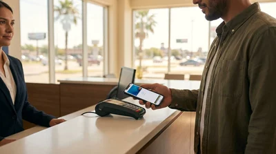 Close-up of a hand holding a smartphone over a payment terminal at a Texas car rental desk