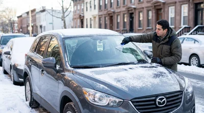 Person using an ice scraper on the windshield of a car rental parked on a snowy street in New York