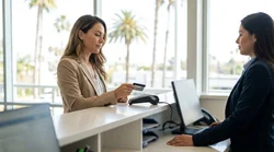 Close-up of a person handing a credit card to a clerk at a car rental desk in Los Angeles