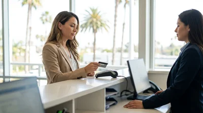 Close-up of a person handing a credit card to a clerk at a car rental desk in Los Angeles