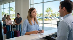 Young woman holding keys next to a white car rental under palm trees in Florida