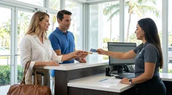 Customer handing a credit card to an agent at a car hire counter in Miami