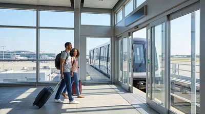 Elevated JFK AirTrain arriving at a station platform near a car rental center in New York