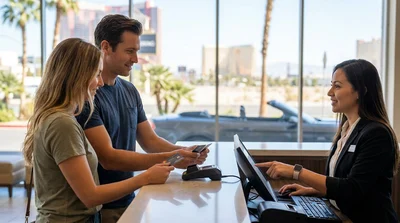Customer handing a credit card to an agent at a Las Vegas car rental counter