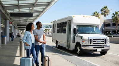 Passengers with luggage waiting for a car rental shuttle van outside LAX Terminal 4 in Los Angeles