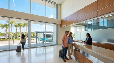 Travelers loading luggage onto a shuttle bus at an Orlando airport car rental facility
