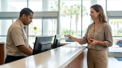 Customer showing a driving licence to an agent at a Florida car hire desk