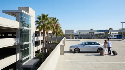 Traveler pulling a suitcase through a sunny car rental parking lot in Los Angeles