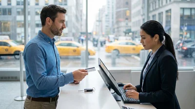 Person holding a credit card and driving licence at a car hire desk in New York
