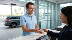 Customer handing a business credit card to an agent at an Orlando car rental desk