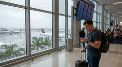 Passenger with a rolling suitcase standing at an airport car rental counter in Florida