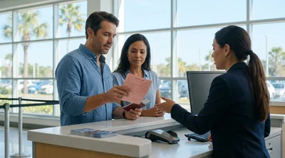 A customer presenting a paper driving licence to an agent at a car hire counter in Florida