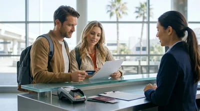 Customer handing a credit card to an agent at a car hire counter in California