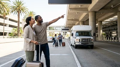Travelers with luggage waiting for a car rental shuttle outside LAX Terminal 1 in Los Angeles
