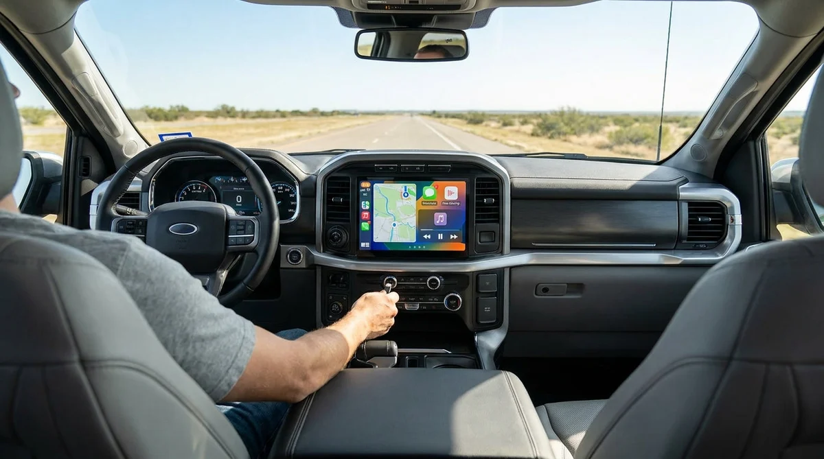 Car rental dashboard showing a connected smartphone screen on a Texas highway