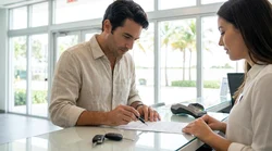 Customer reading a car hire contract on the hood of a white convertible parked under sunny palm trees in Miami