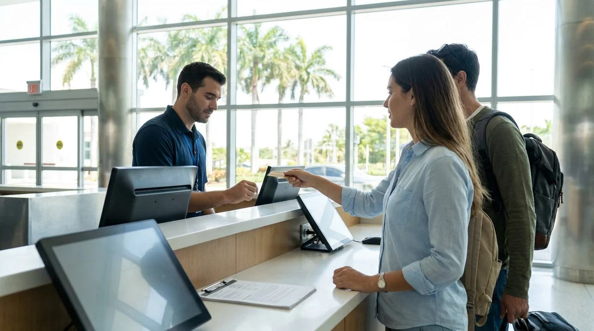 Traveler handing a debit card to a staff member at a Miami car rental desk