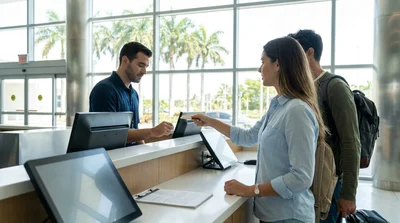 Traveler handing a debit card to a staff member at a Miami car rental desk