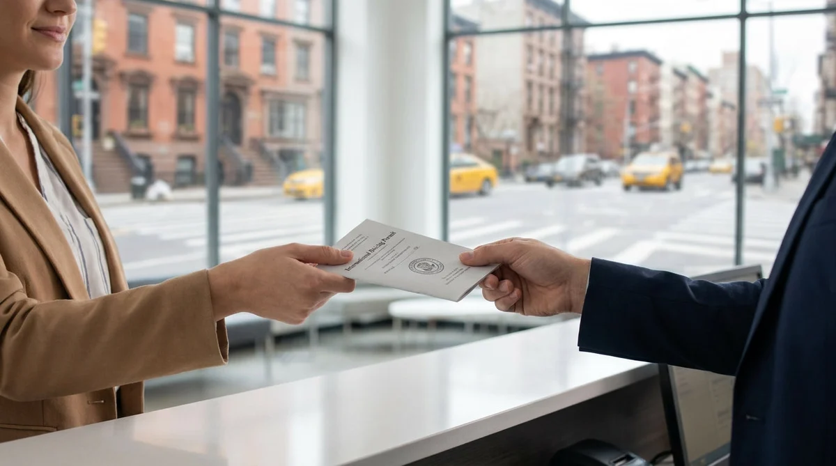 Customer showing a driver's license at a car rental desk in New York