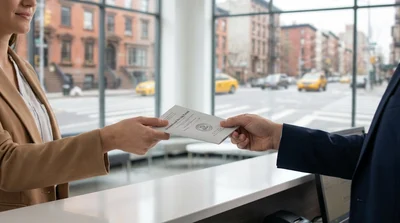 Customer showing a driver's license at a car rental desk in New York