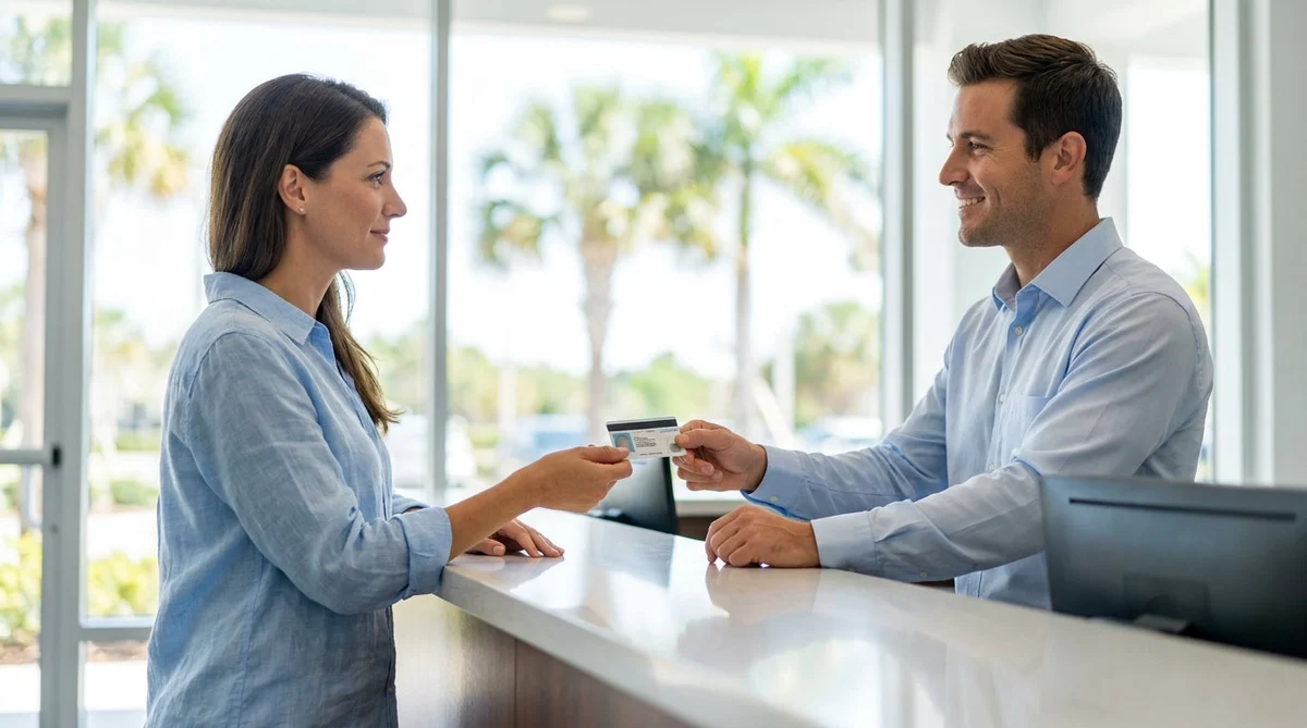 Person handing a driving licence to a car rental agent at a desk in Florida