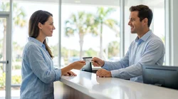 Person handing a driving licence to a car rental agent at a desk in Florida