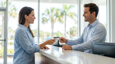 Person handing a driving licence to a car rental agent at a desk in Florida
