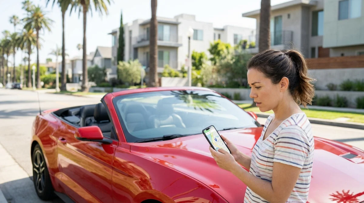 Person looking at a smartphone inside a car hire parked on a Los Angeles street