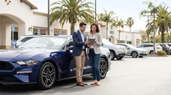 A person loading luggage into a car rental parked on a sunny palm tree-lined street in Los Angeles