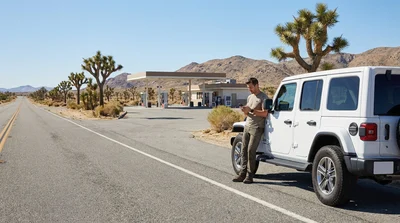 A car hire from Los Angeles drives on a desert road toward the iconic rock formations of Joshua Tree National Park