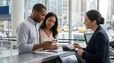 Person holding a credit card and keys in front of a car hire parked on a New York street
