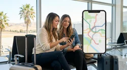 Person using a smartphone map app inside a car rental parked on a sunny California street