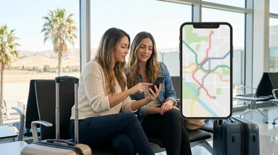 Person using a smartphone map app inside a car rental parked on a sunny California street
