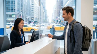 Customer handing a credit card to an agent at a car rental counter in New York