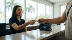 Customer presenting a credit card to an agent at a car hire desk in Miami