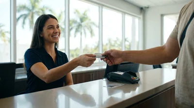 Customer presenting a credit card to an agent at a car hire desk in Miami