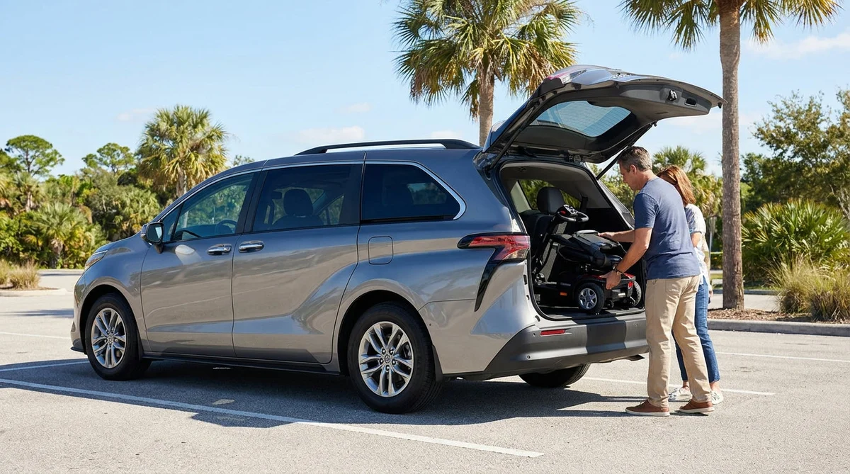 Person loading a folded wheelchair into the trunk of a car rental in sunny Florida