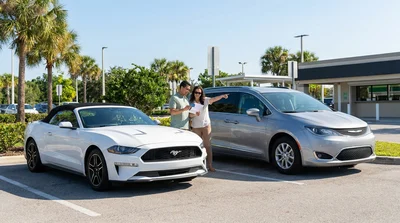 Two modern vehicles parked side by side at an Orlando car rental facility under a sunny sky