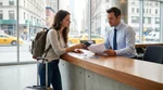 Traveler handing a passport to an agent at a car rental counter in New York