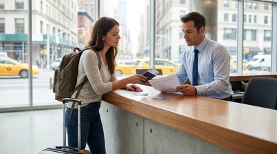 Traveler handing a passport to an agent at a car rental counter in New York