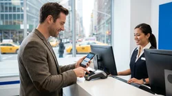 Person holding a smartphone and credit card at a car rental desk in New York