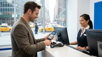 Person holding a smartphone and credit card at a car rental desk in New York