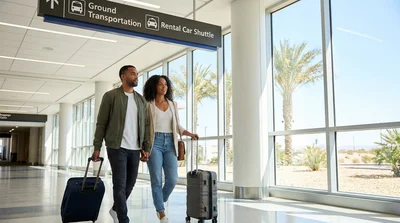 Traveler with luggage at a Las Vegas airport baggage claim looking up at a car rental directional sign