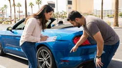 Man holding a clipboard inspecting a white car rental parked on the Las Vegas Strip