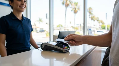 Person tapping a contactless credit card at a car rental counter in Los Angeles