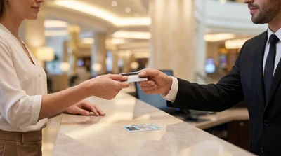 Customer handing a physical credit card to a car hire agent at a desk in Las Vegas
