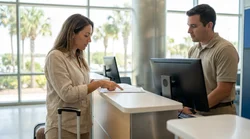 A woman checking a booking document at a car hire desk in Orlando