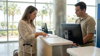 A woman checking a booking document at a car hire desk in Orlando