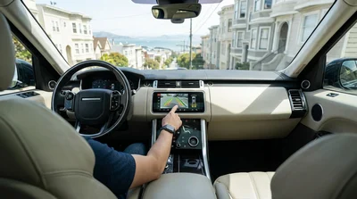 Driver using a dashboard rear-view camera screen to park a car rental on a steep San Francisco street