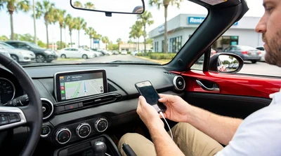 Driver touching a dashboard screen showing Android Auto inside an Orlando car rental with palm trees outside